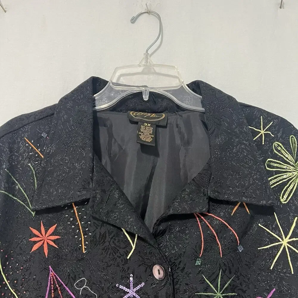 Vintage 90’s Alex Kin Jacket 3XL Art to Wear Embroidered Sequined Black Floral
